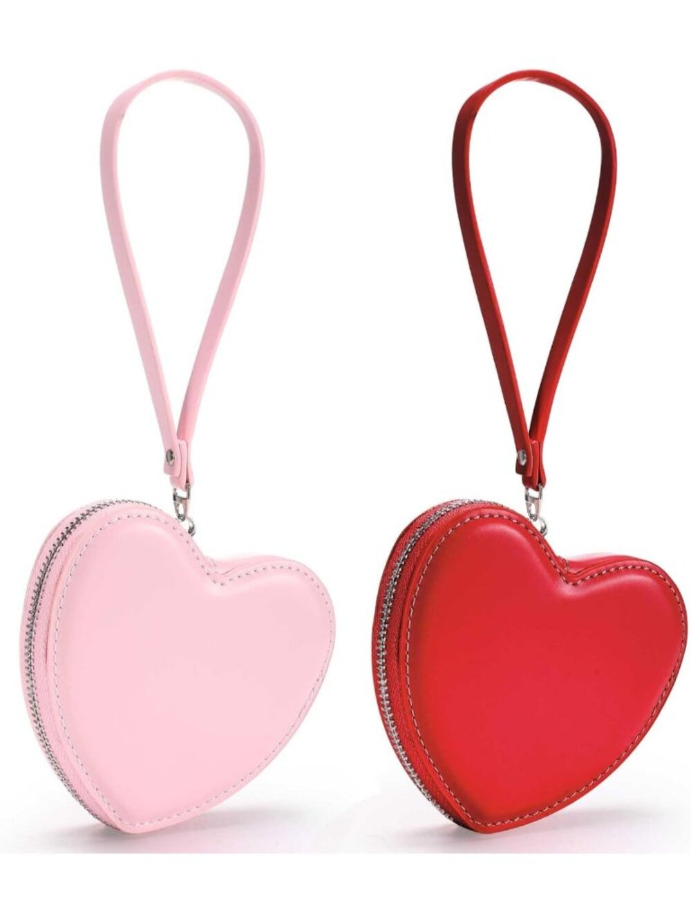 Heart Shaped Coin Purse Set - 2 Pcs PU Leather Pouches in Pink & Red